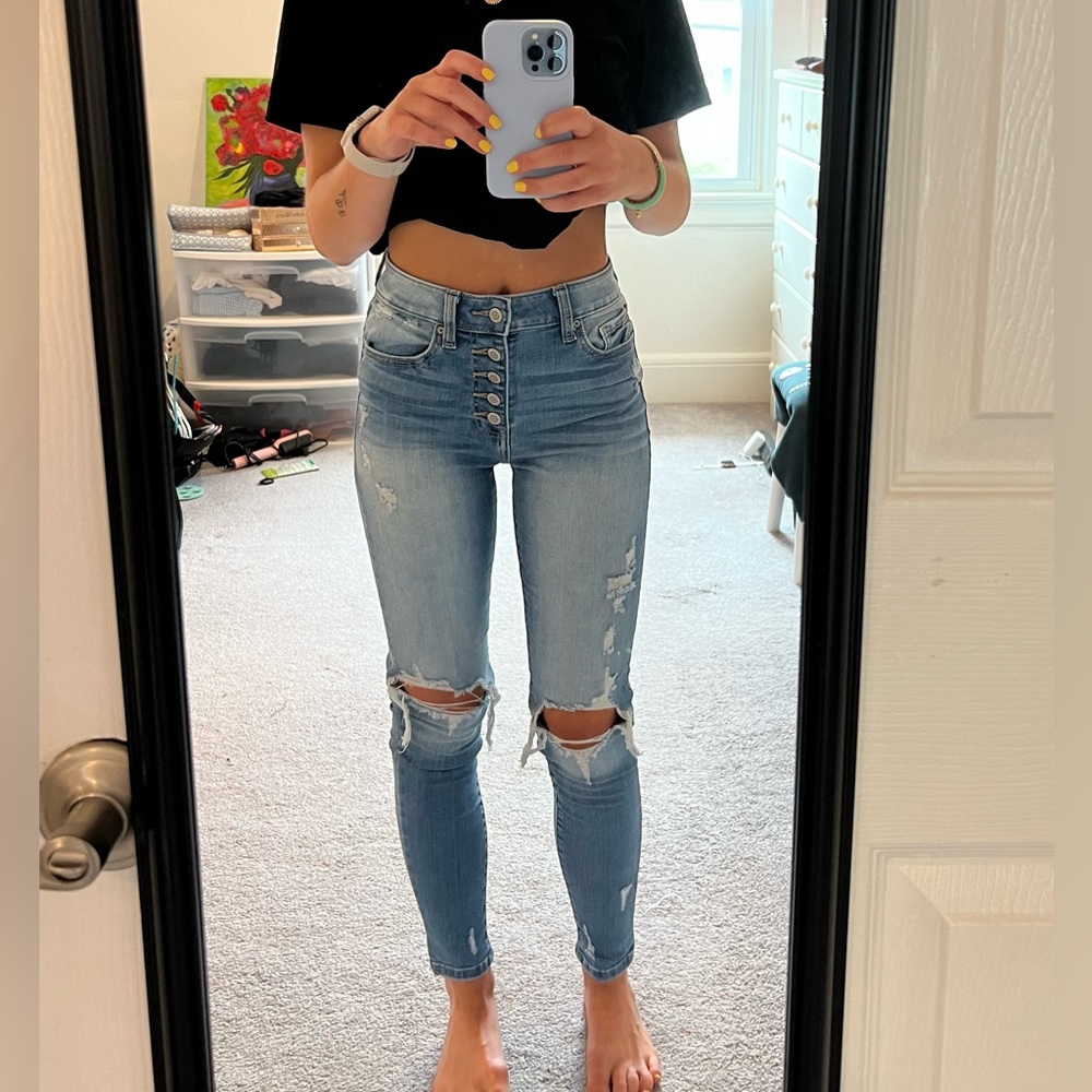 High rise distressed skinny jeans